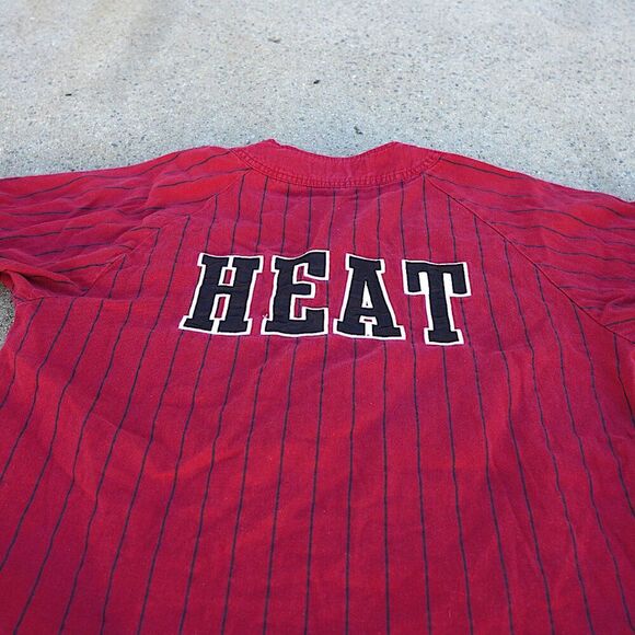 Mitchell & Ness Miami Heat Pinstripe Baseball Jersey Button-Up Shirt Red Medium - Picture 8 of 10